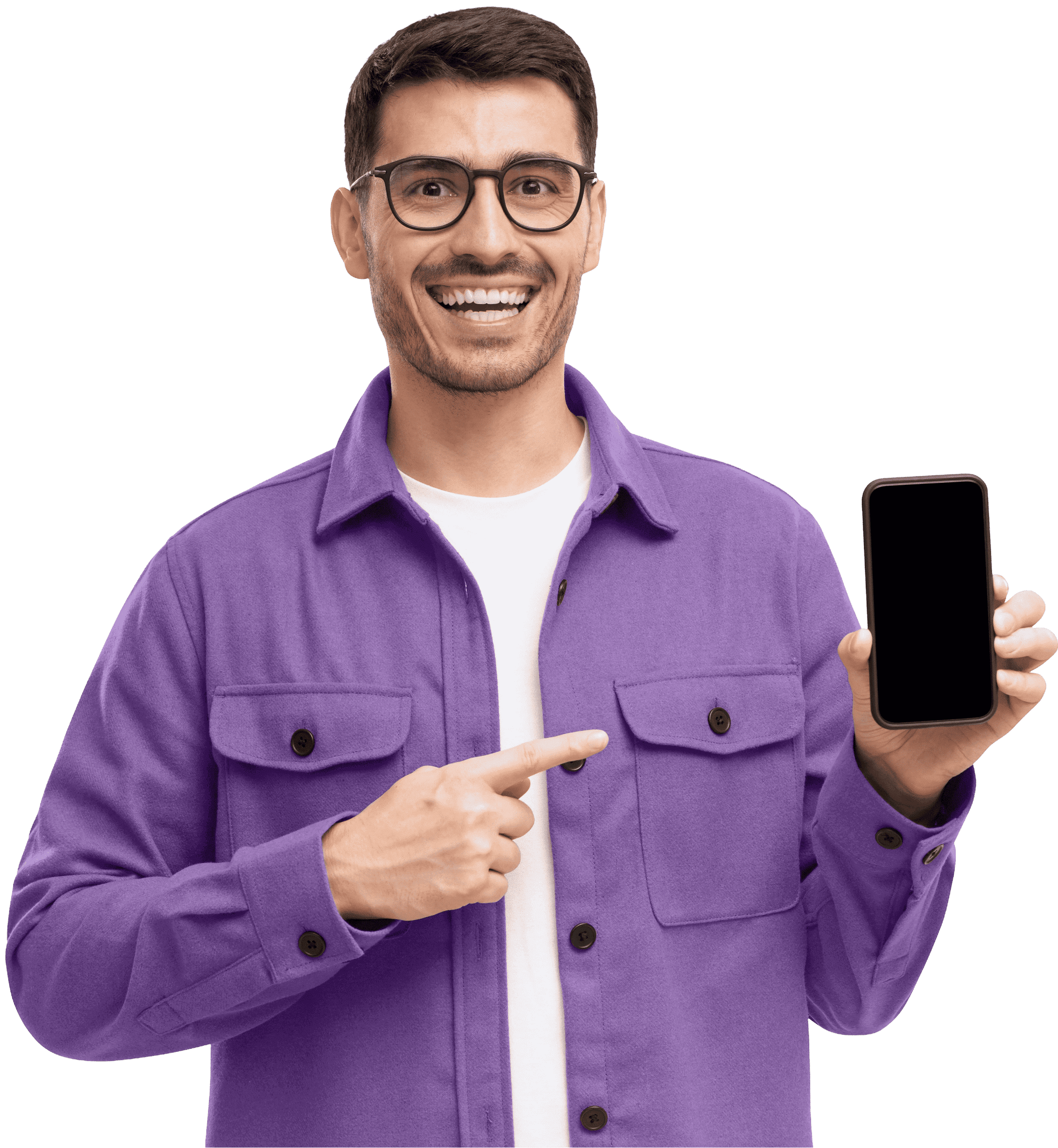 Hombre feliz apuntando un celular